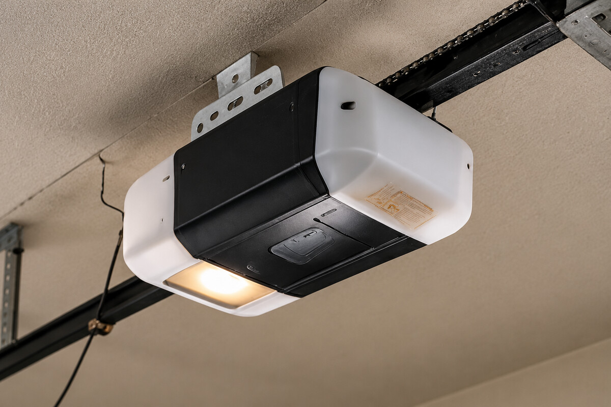 Belt drive smart garage door opener installed in a garage