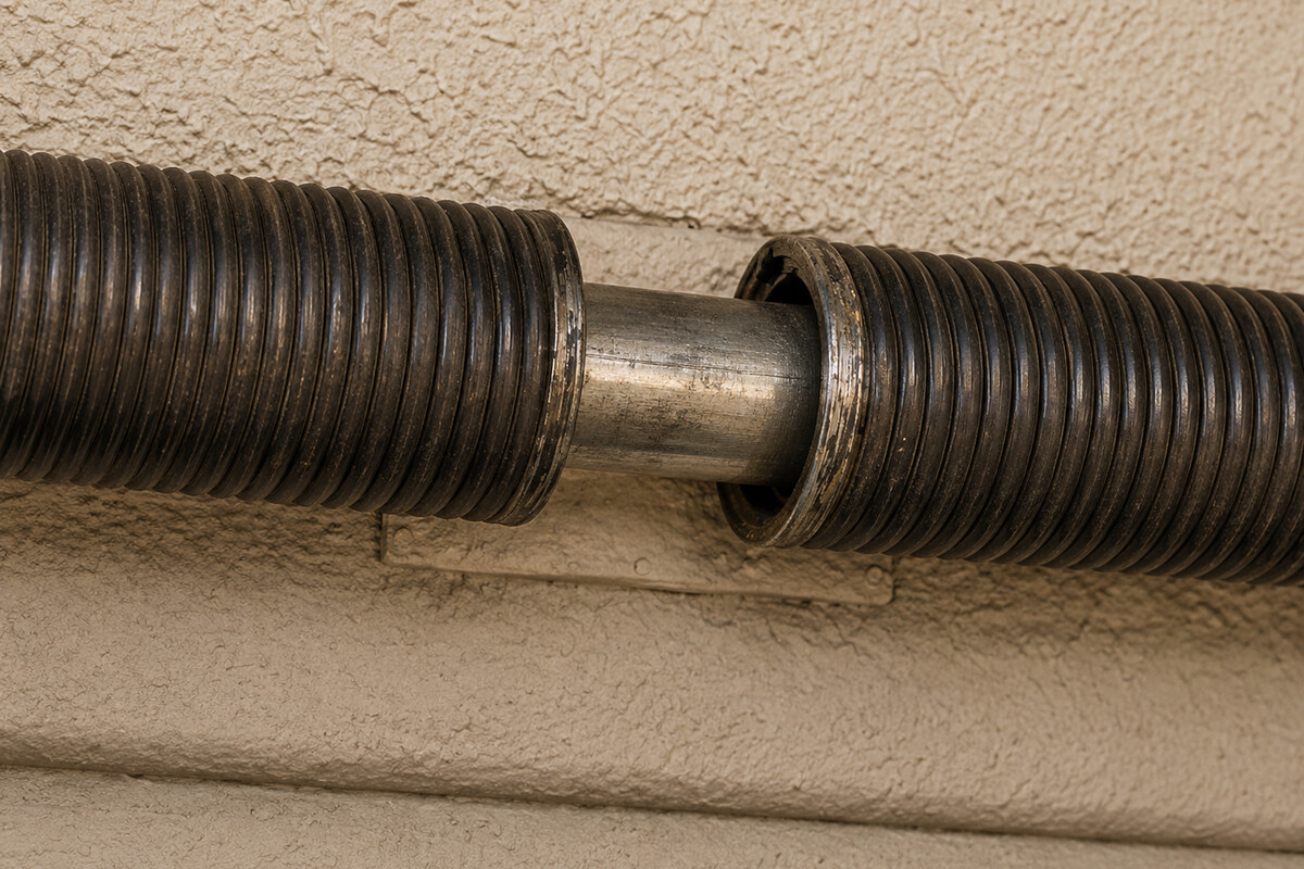 Broken torsion spring with a visible gap on a garage door