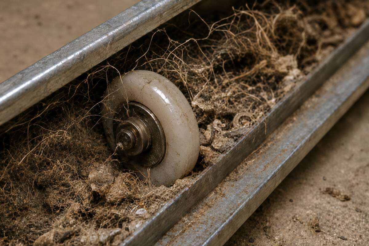 Garage door track filled with desert dust and grit