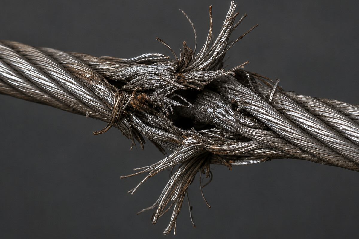 Frayed garage door cable with broken wire strands