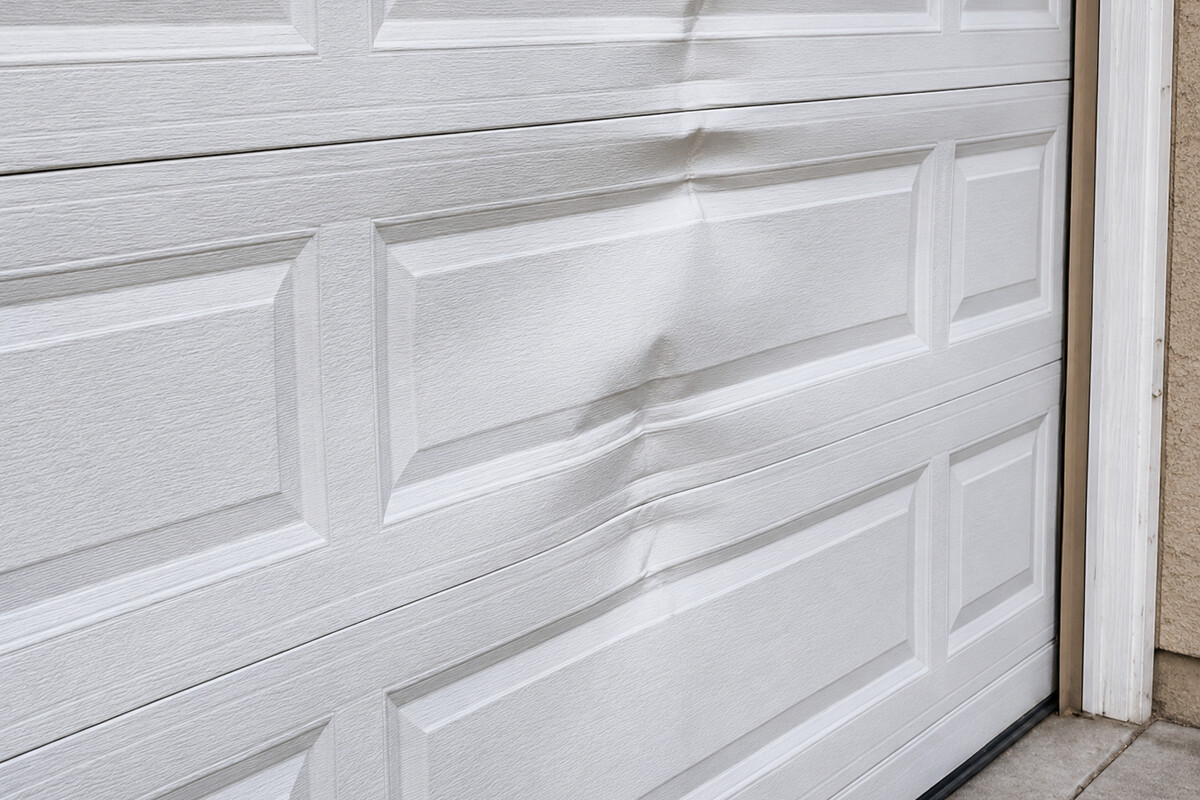 Garage door panel bowed by monsoon wind damage