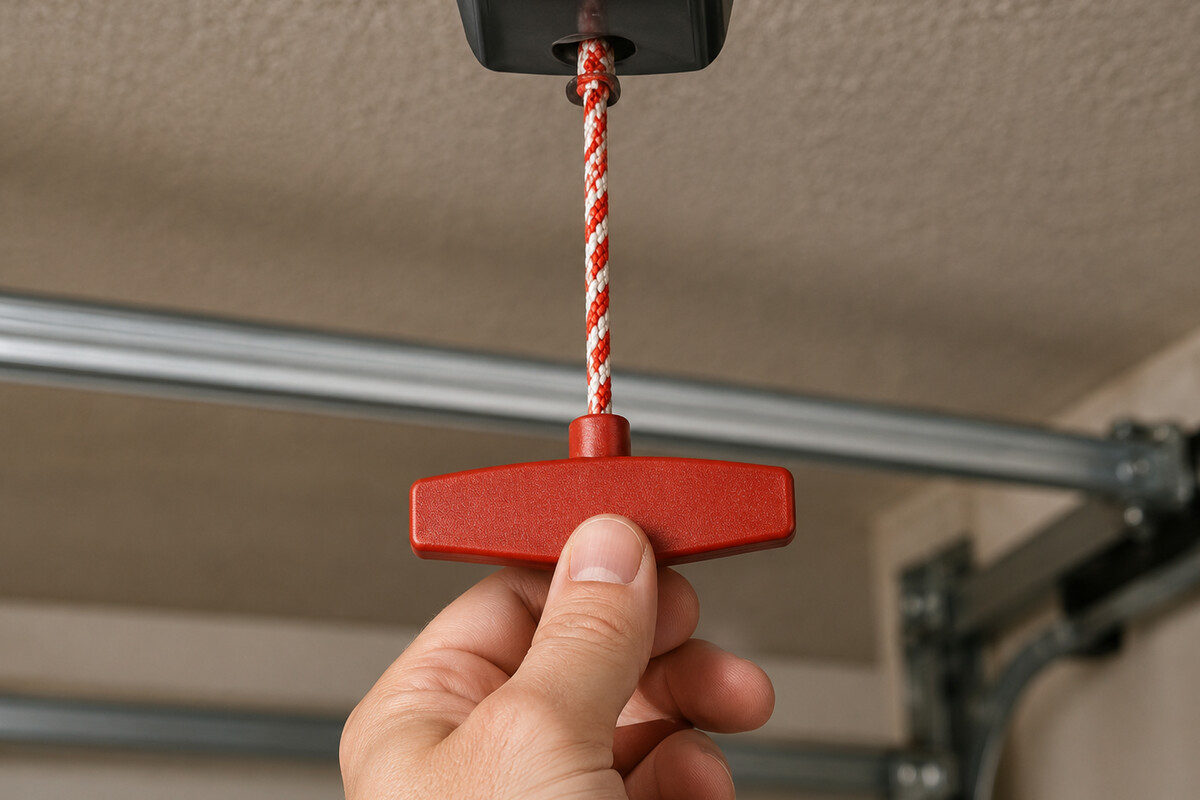 Pulling the red emergency release cord on a garage door opener