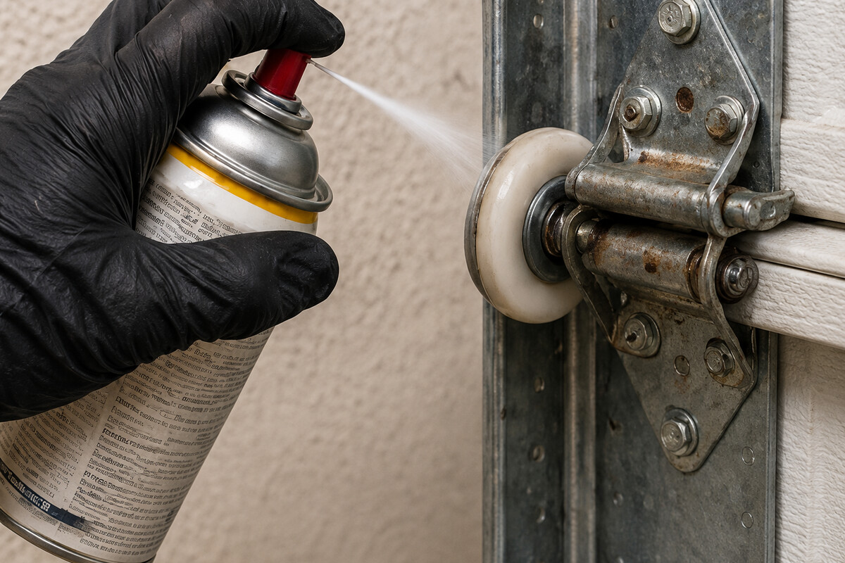 Lubricating garage door rollers and hinges during maintenance