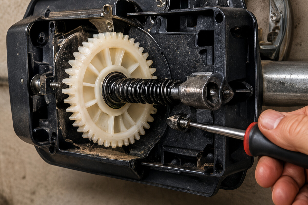 Stripped drive gear inside a heat-damaged garage door opener