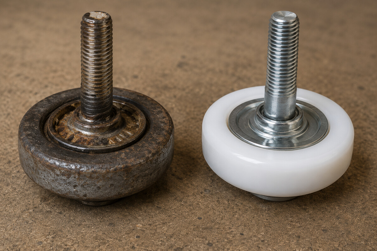 Worn steel garage door roller next to a new nylon roller